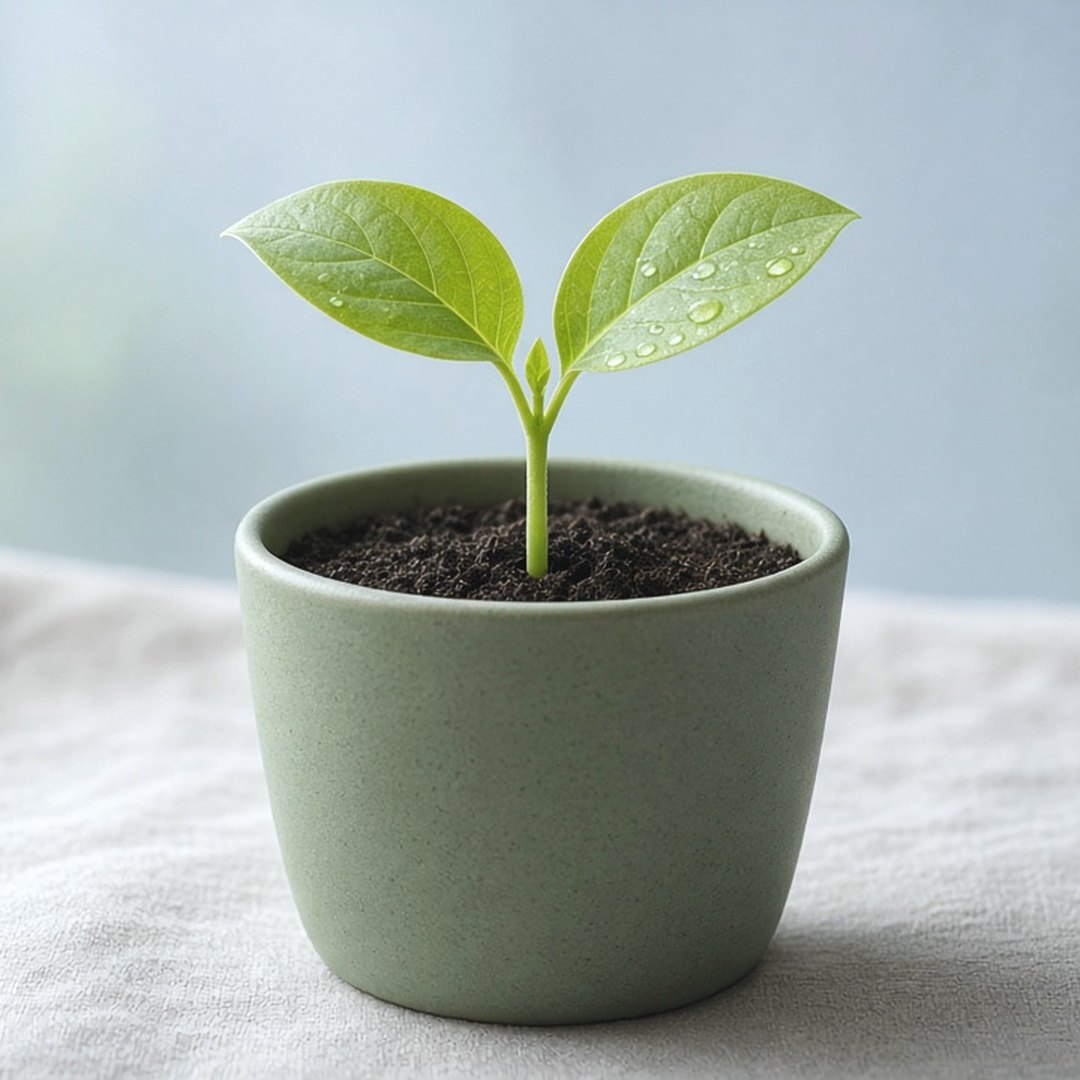 A young seedling in a sage ceramic pot on a linen cloth.