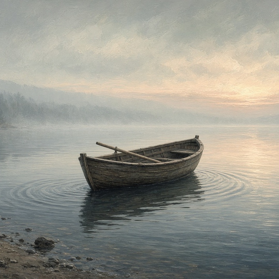 A small wooden rowboat drifting out from shore at dawn