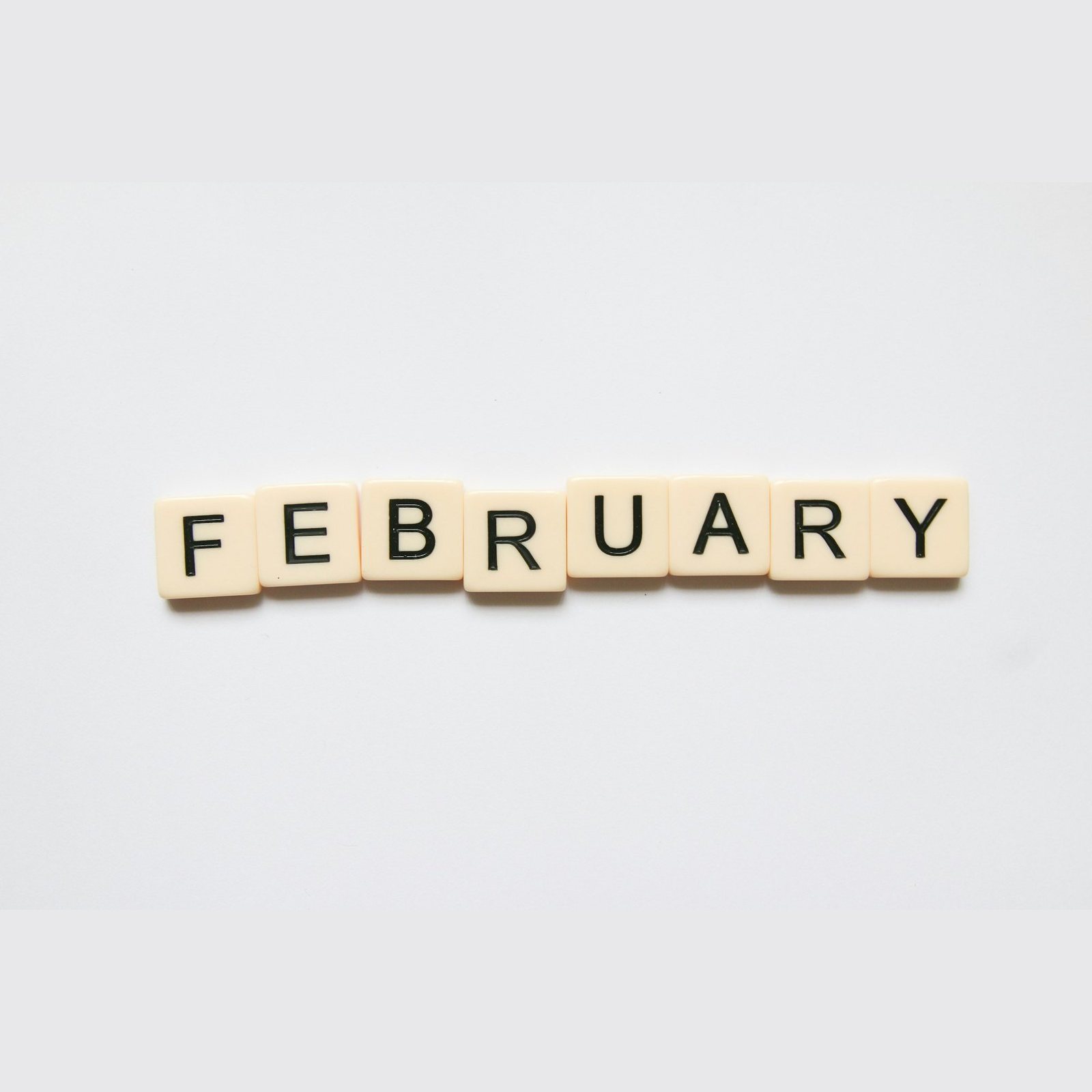 Wooden letter tiles spelling FEBRUARY on a white surface.
