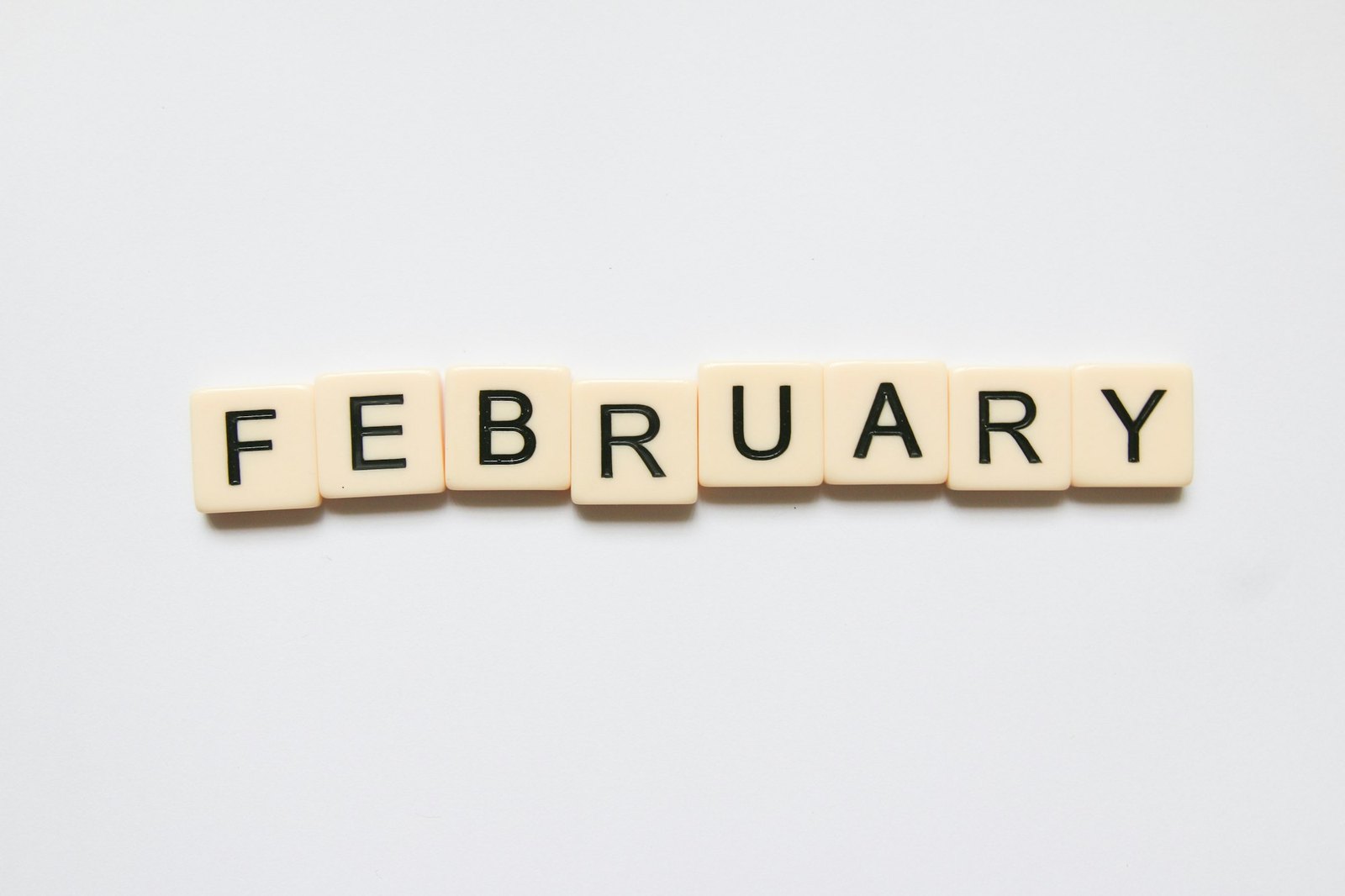 Wooden letter tiles spelling FEBRUARY on a white surface.