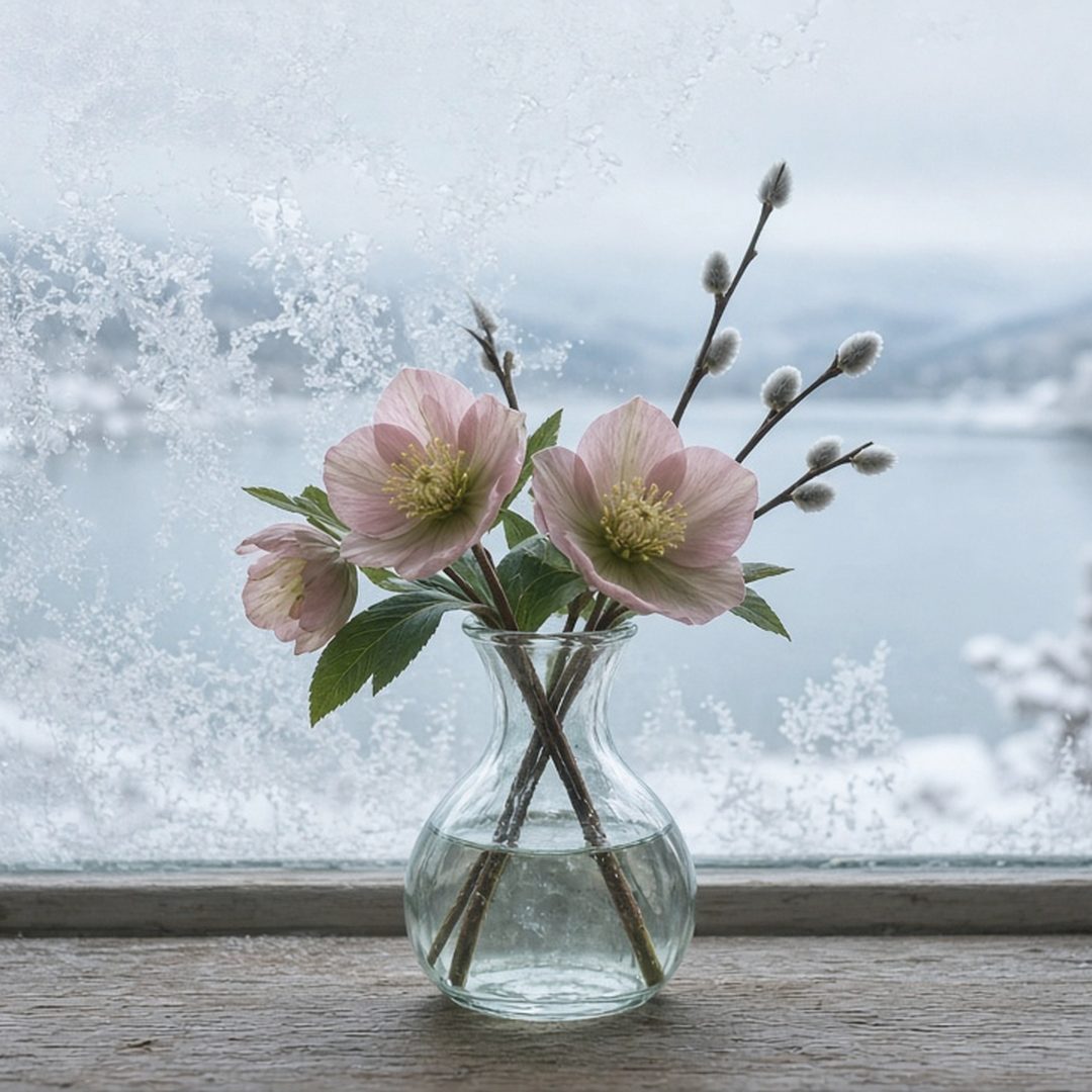 Pink hellebores and pussy willow in a glass vase by a frosted winter window.