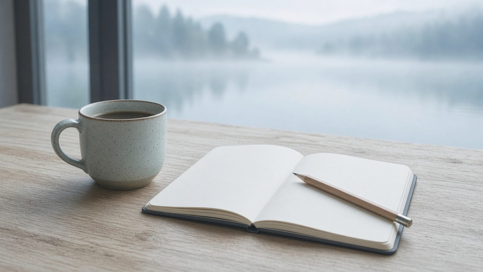 A mug of coffee beside an open notebook with a blank page by a lake window.