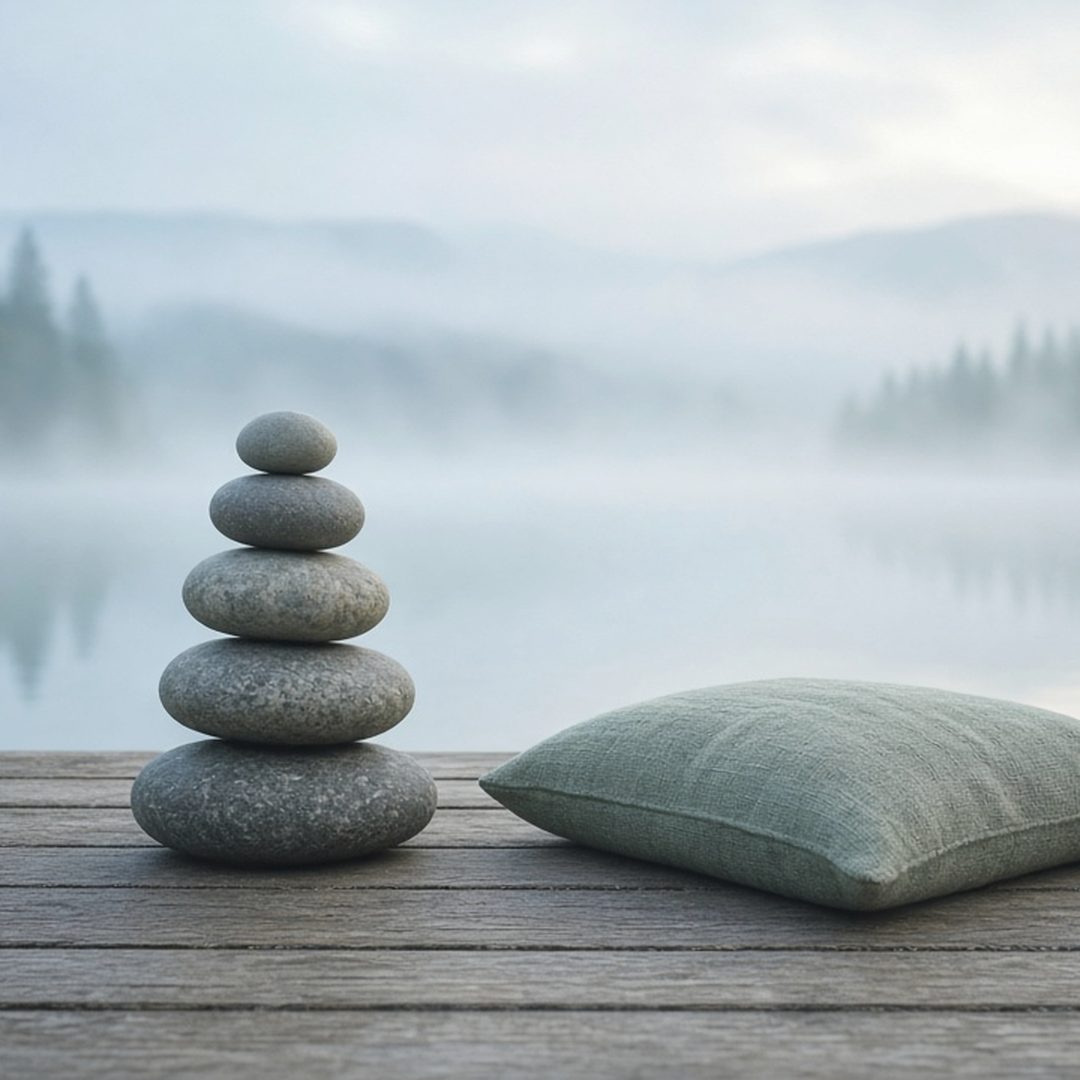 A stacked stone cairn and a sage cushion on a dock over a misty lake.