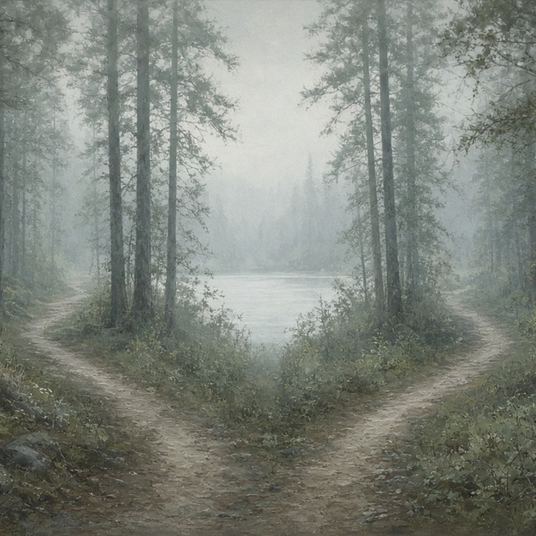 A forest path forking in the mist, with the lake beyond