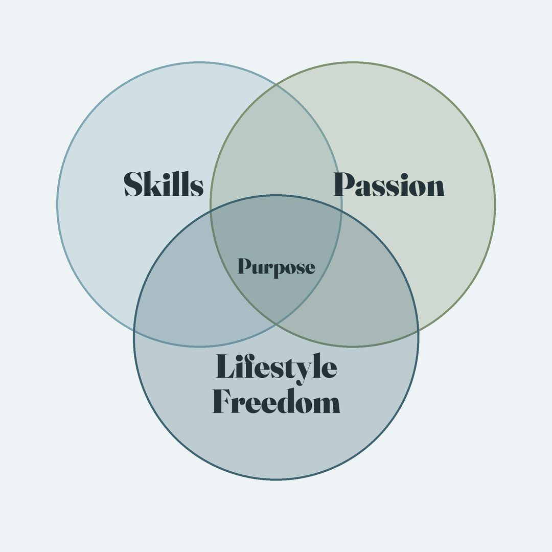 A three-circle diagram of Skills, Passion, and Lifestyle Freedom overlapping at Purpose.