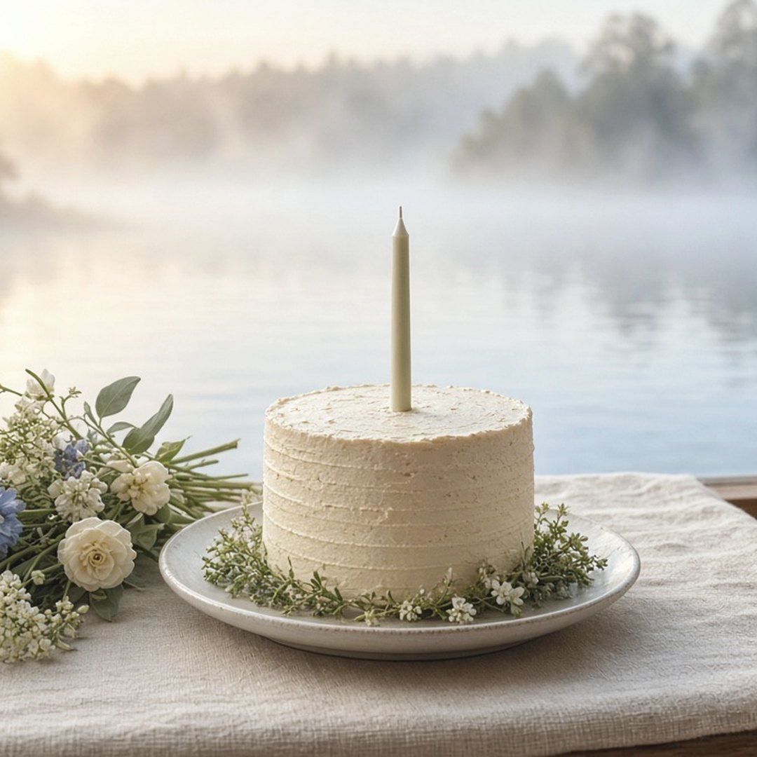 A small cake with one candle and garden flowers beside a misty lake.