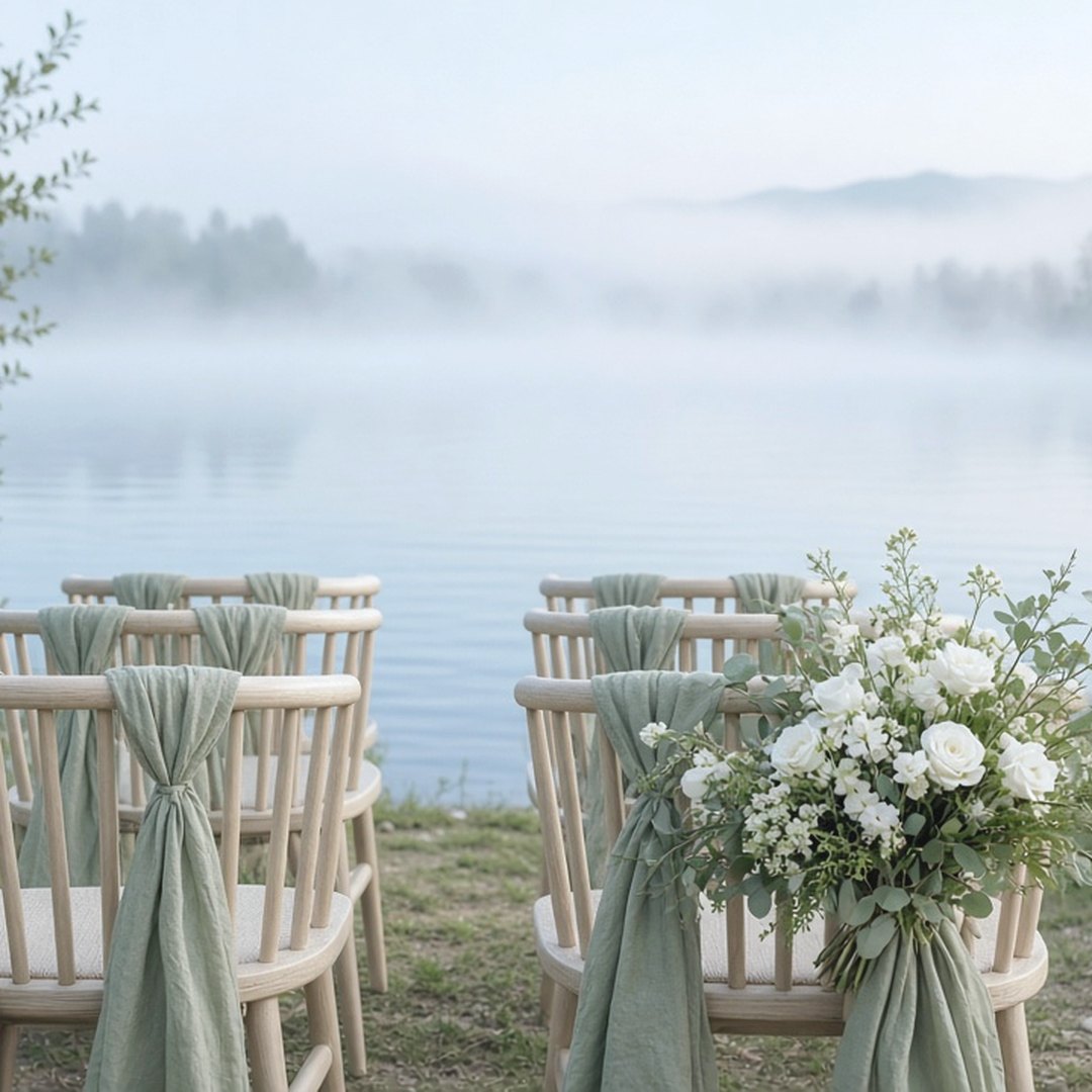 Wooden chairs tied with sage linen and a white bouquet beside a misty lake.
