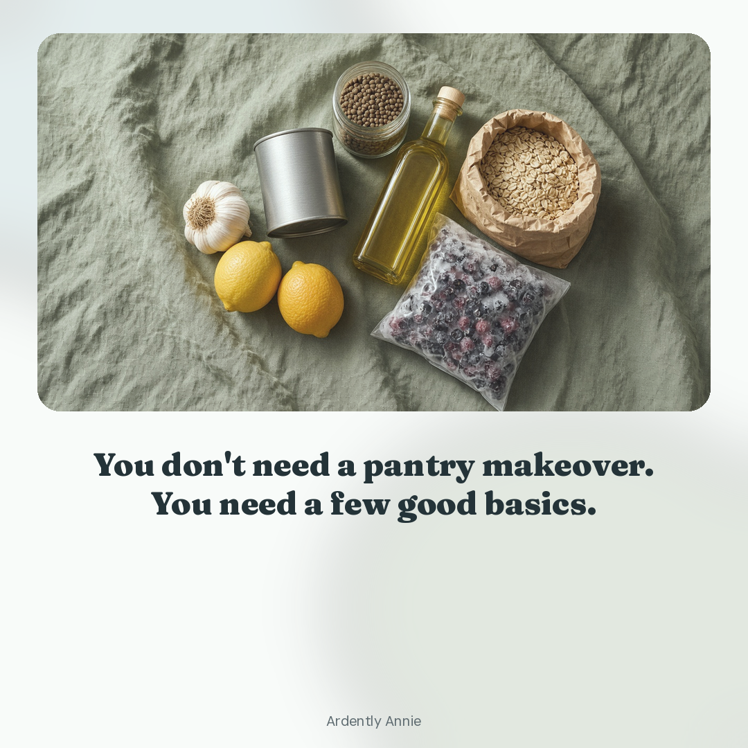 Simple pantry staples arranged on a linen cloth.