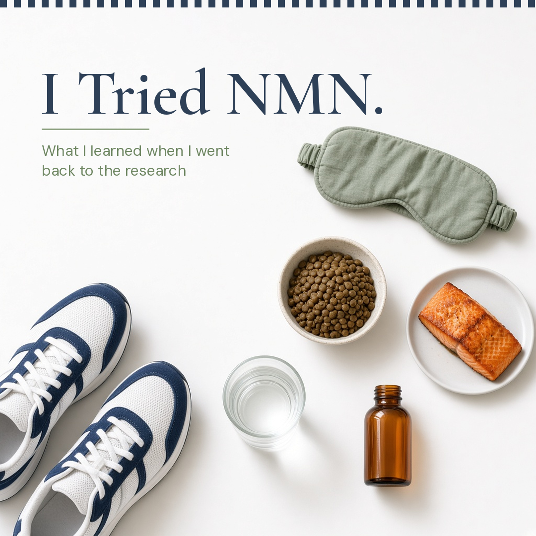 A small unlabeled supplement bottle beside walking shoes, a glass of water, a bowl of lentils, salmon, and a sleep mask.