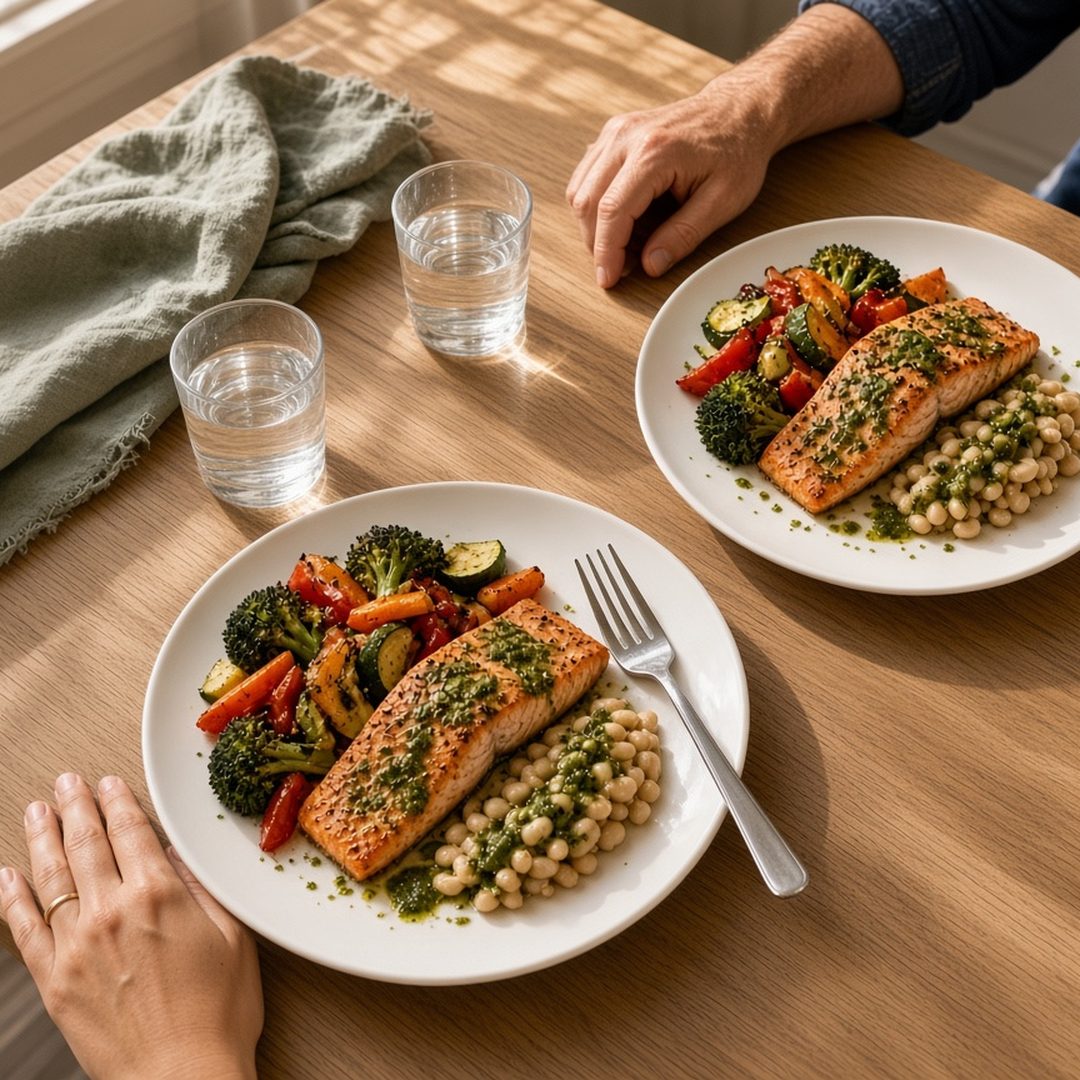 A simple weeknight dinner for two: salmon, roasted vegetables and white beans with herb dressing on a wooden table, with a man's and a woman's hands resting beside their plates.