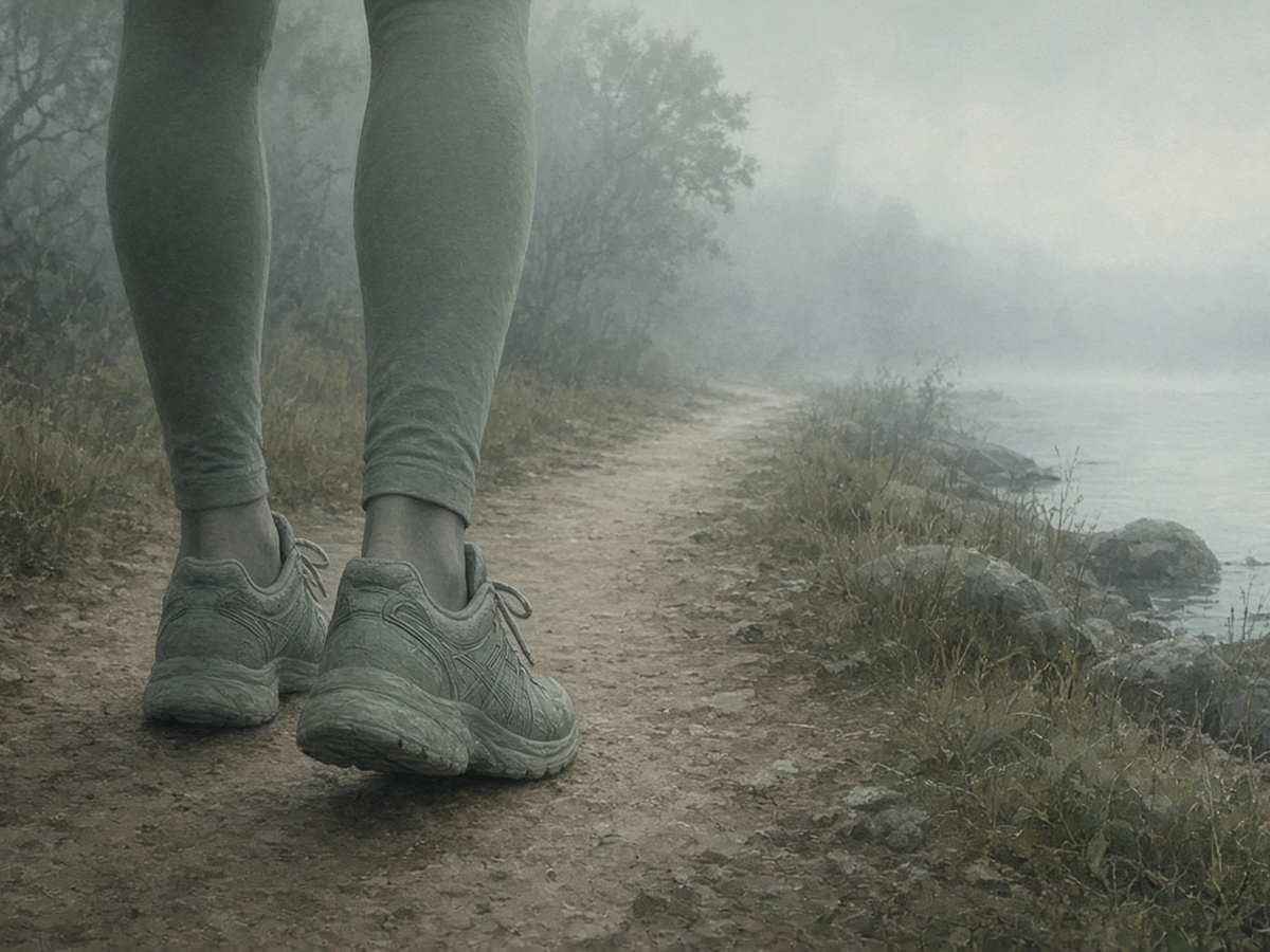 Walking shoes at the start of a misty lakeside trail