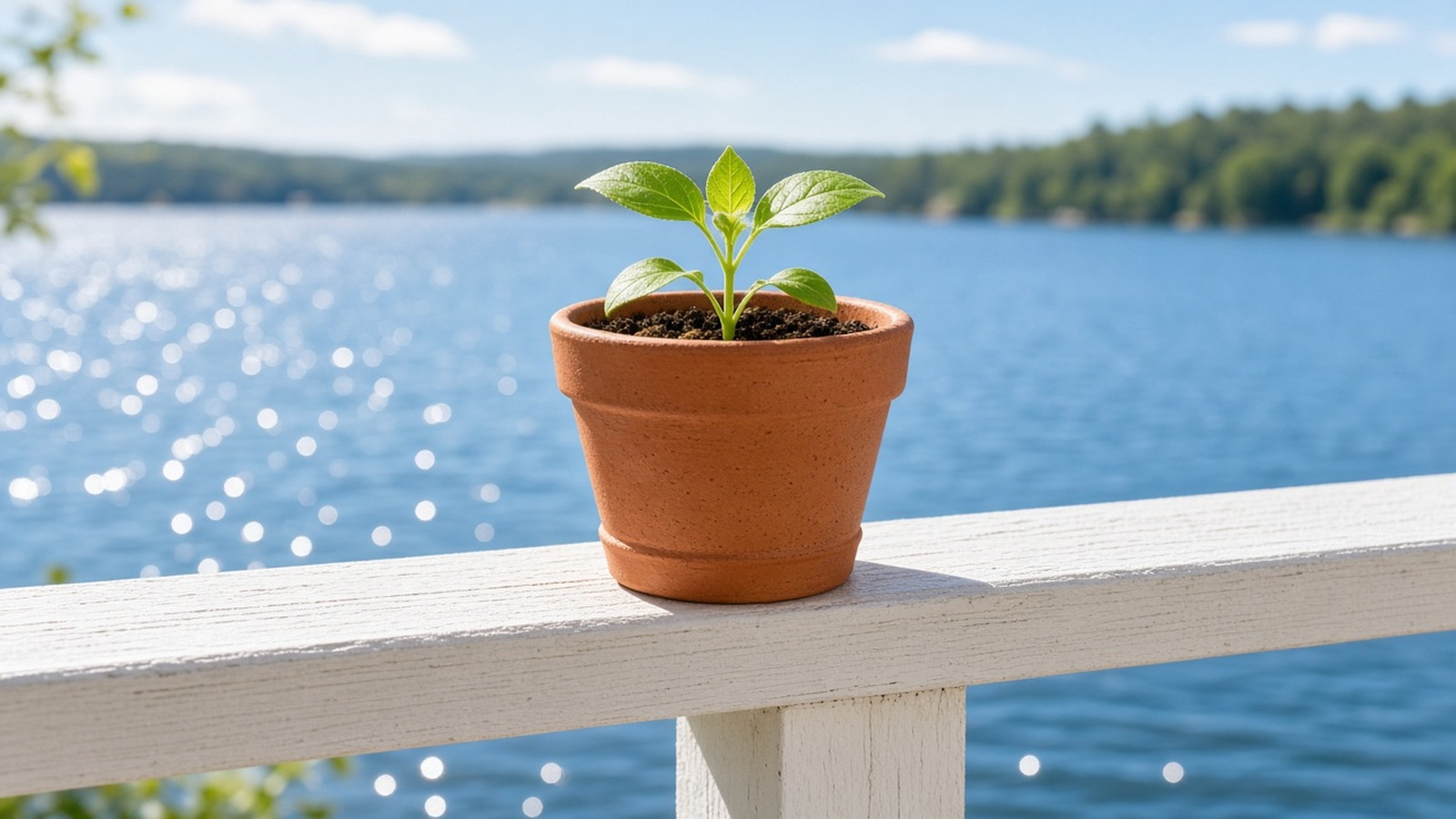 A young sapling growing beside a weathered post at the water's edge