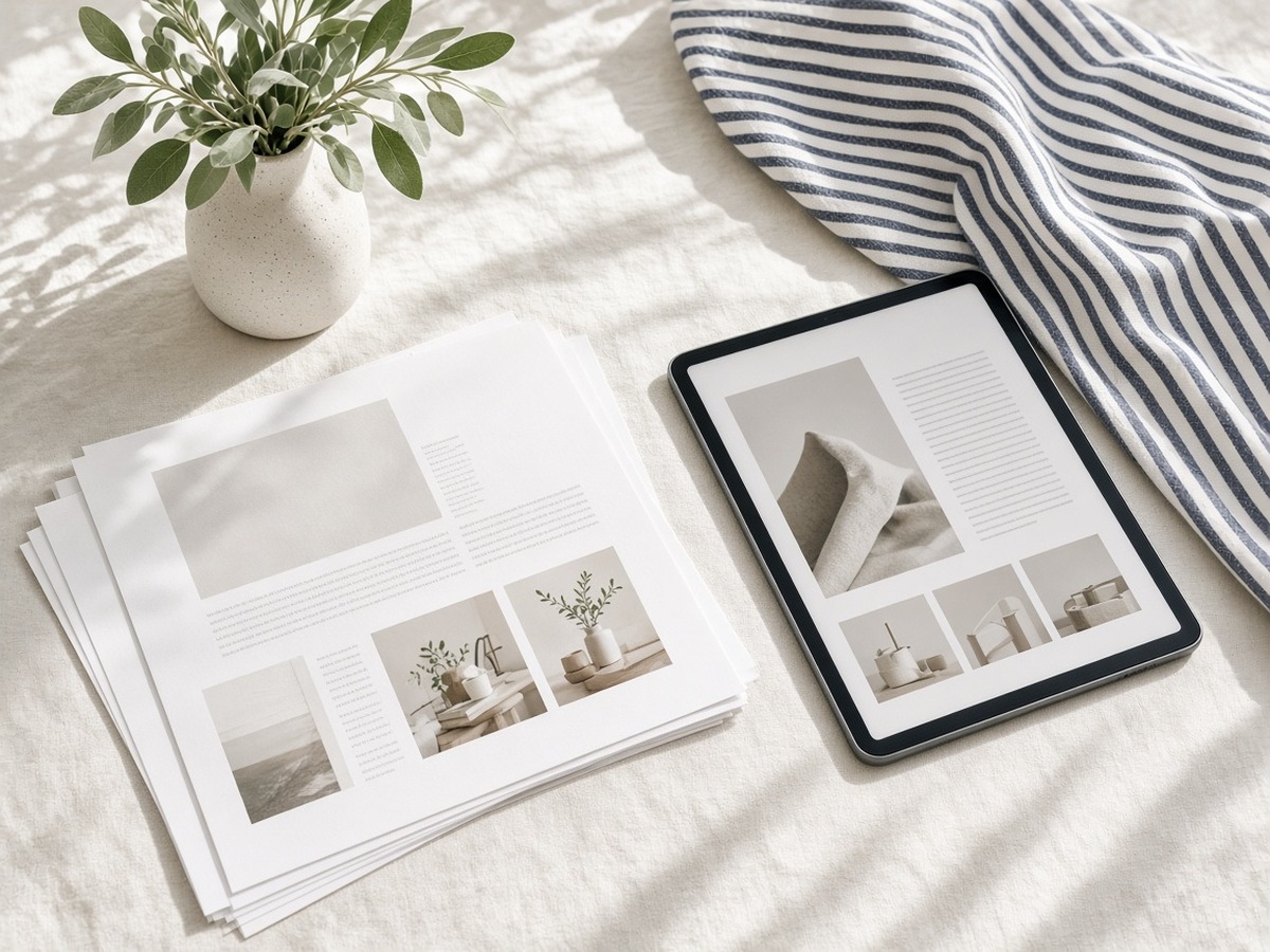 Printed guide pages and a tablet on a sunny linen tablecloth beside a small vase of greenery
