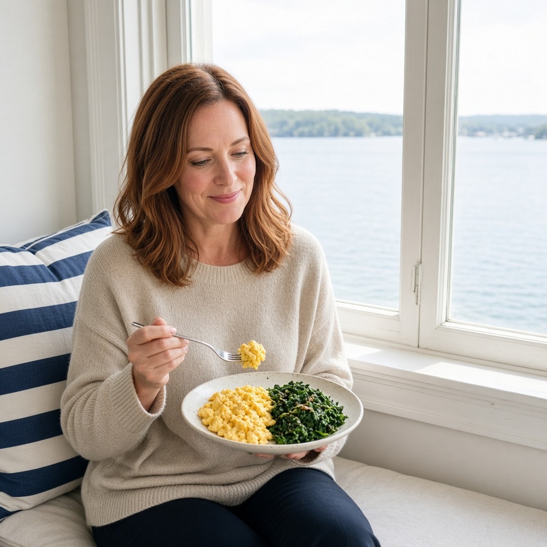 Woman enjoying eggs, greens and tomatoes by a window