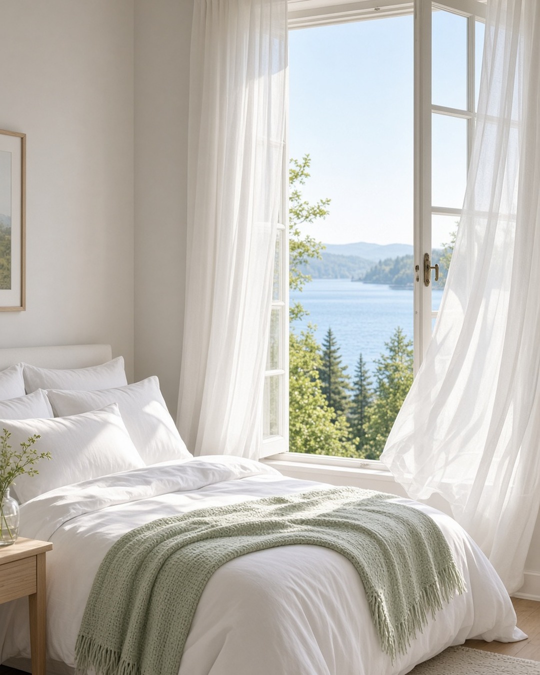 Bright white bedroom with fresh linens and a sage throw, the window open to the lake